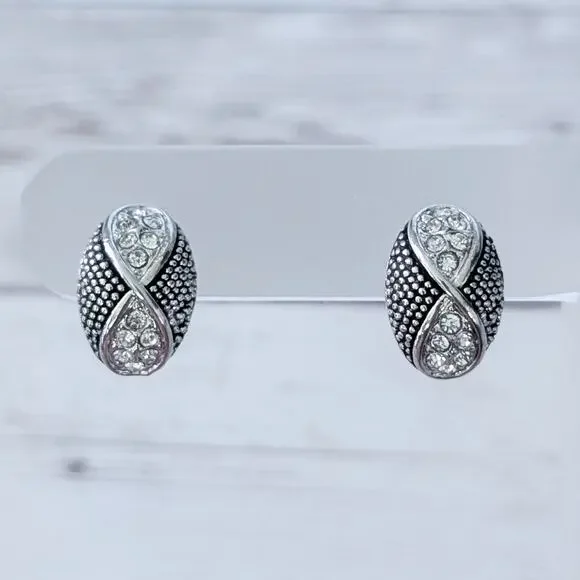 Vintage Clip On Earrings Elegant & Stylish Silver Tone & Clear Gems - Picture 1 of 8